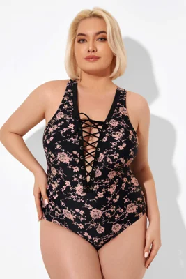 Black Floral Printed Lace Up One Piece Swimsuit