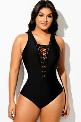 Black & White Lace Up One Piece Back Swimsuit