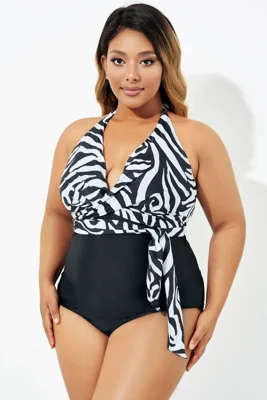 Black & White Faux Wrap Halter One Piece Swimsuit