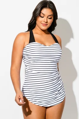 Striped H-Back Sarong Front One Piece Swimsuit