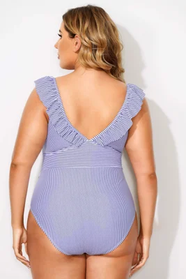 Stripes Ruffled V-neck...