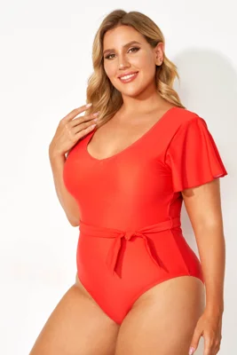 Red V-neck Flutter Sleeves One Piece Swimsuit