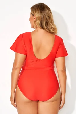 Red V-neck Flutter Sleeves...