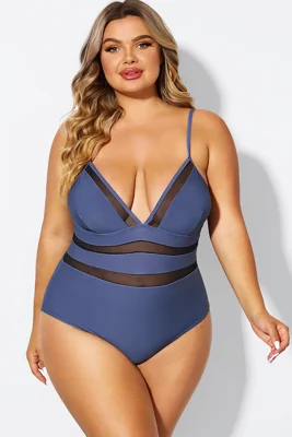 Navy V-Neck Mesh Plus Size...