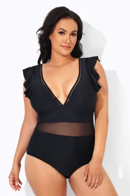 Black Ruffle Plunge V Neck...