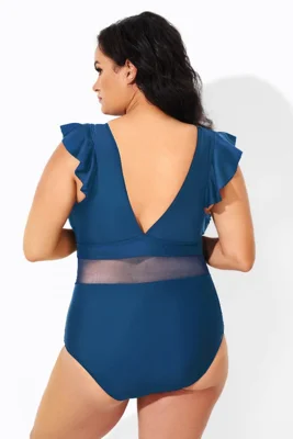 Navy Ruffle Plunge V Neck...