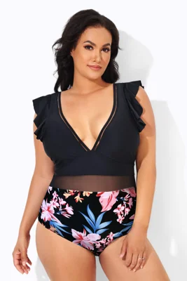 Floral Print Ruffle Plunge...
