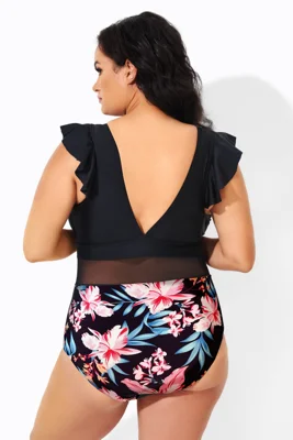 Floral Print Ruffle Plunge...