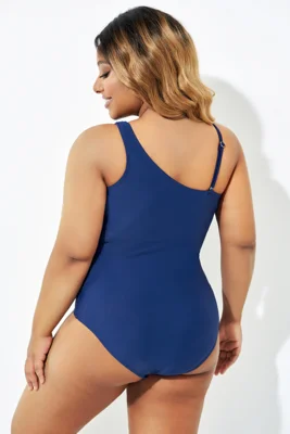 Navy Blue One Shoulder Mesh...