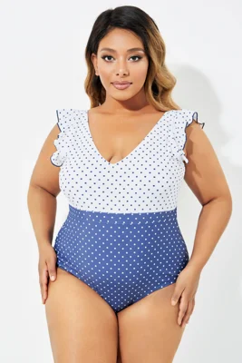 White & Blue Ruffle Polka Dot One Piece Swimsuit