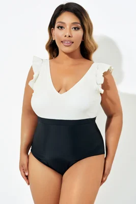 Black & White Ruffle Open Back One Piece Swimsuit