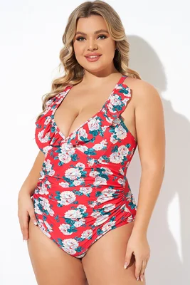 Coral Floral Wireless Ruffle One Piece Swimsuit
