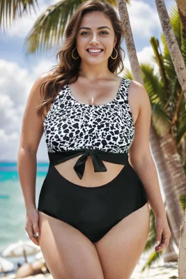 Leopard Print Stripe Knotted One Piece Swimsuit