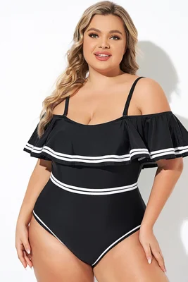 Black and White Off Shoulder Ruffles One Piece Swimsuit