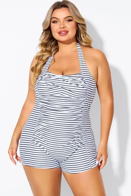 Striped Ruched Panel Halter Women One Piece Swimsuit