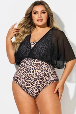 Leopard Print V-Neck Mesh...