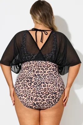 Leopard Print V-Neck Mesh...