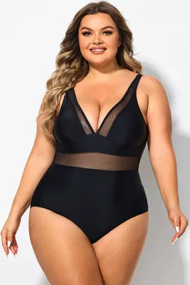 Black V Neck Mesh Splicing...