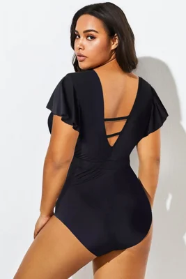Black Flutter-Sleeve Swim...