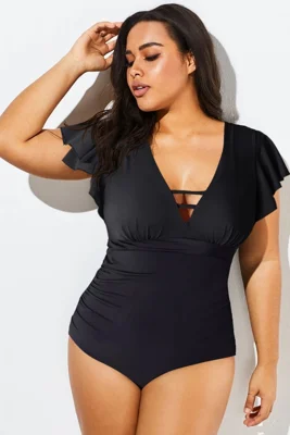 Black Flutter-Sleeve Swim...