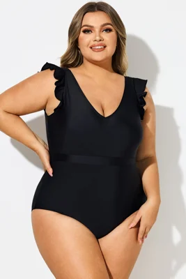 Black Ruffle Sleeves V-Neck...