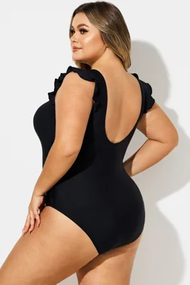 Black Ruffle Sleeves V-Neck...