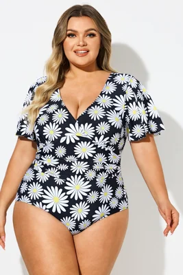 Daisy Print V-Neck Ruffle...