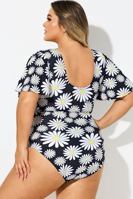 Daisy Print V-Neck Ruffle...