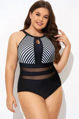 High Neck Striped Mesh...