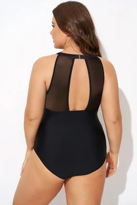 High Neck Striped Mesh...