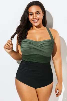 Green Contrast Twist Front Skinny One Piece Swimsuit