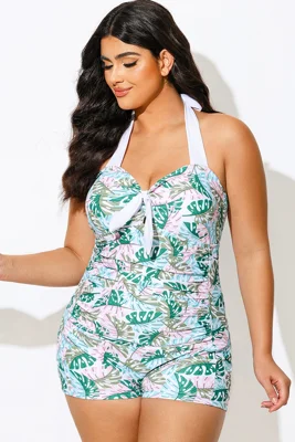 Plus Size Green Monstera Print One Piece Swimsuit