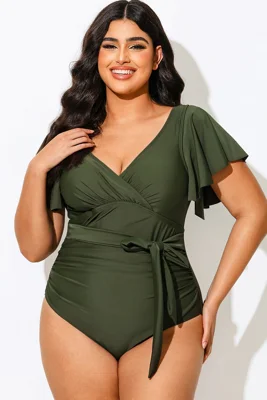 Green V-Neck Ruffle Sleeve...