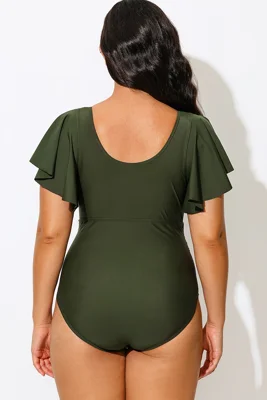 Green V-Neck Ruffle Sleeve...