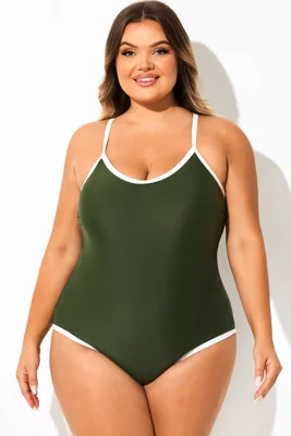 Green V-Neck Colorblock One Piece Swimsuit