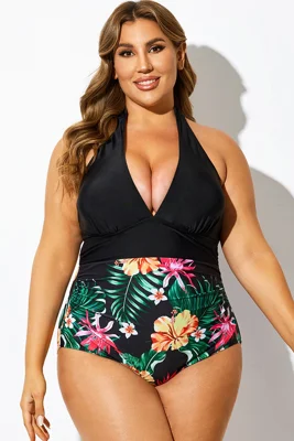 Tropical Floral Print Spliced Halter One Piece Swimsuit