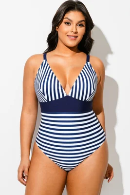 Navy Blue Stripe V-Neck One...