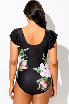 Black Floral Print Ruffle...