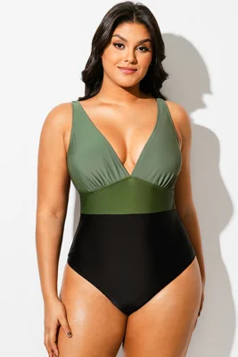 Green Colorblock V-Neck One...