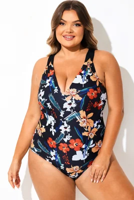 Floral Print V-Neck Strappy One Piece Swimsuit