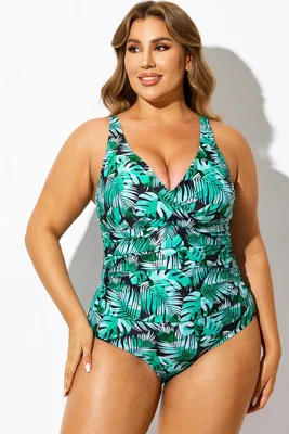 Green Palm Cross Front One-Piece Swimsuit