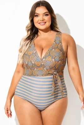 V-Neck Yellow Floral Print One Piece Swimsuit