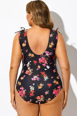 Black Floral Print V-Neck...