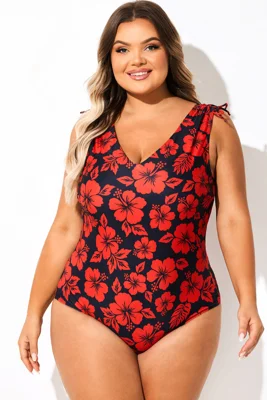 Red Floral Print V-Neck One Piece Swimsuit