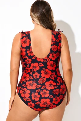 Red Floral Print V-Neck One...