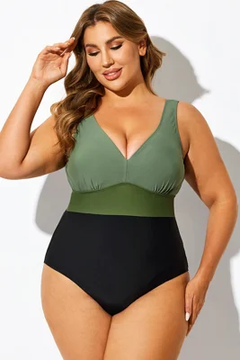 Green Colorblock V-Neck One...