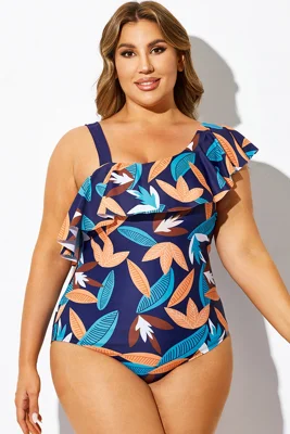 Blue Leaf Print Asymmetric...