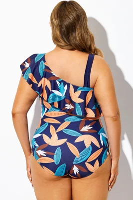 Blue Leaf Print Asymmetric...
