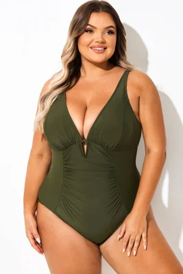 Green Shirred V-Neck...