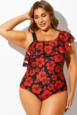 Red Floral Print Flounce...